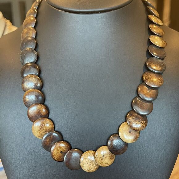 Vintage Wooden Beaded Necklace Shades Of Brown Overlapping Disc Graduated 18" - Picture 7 of 7